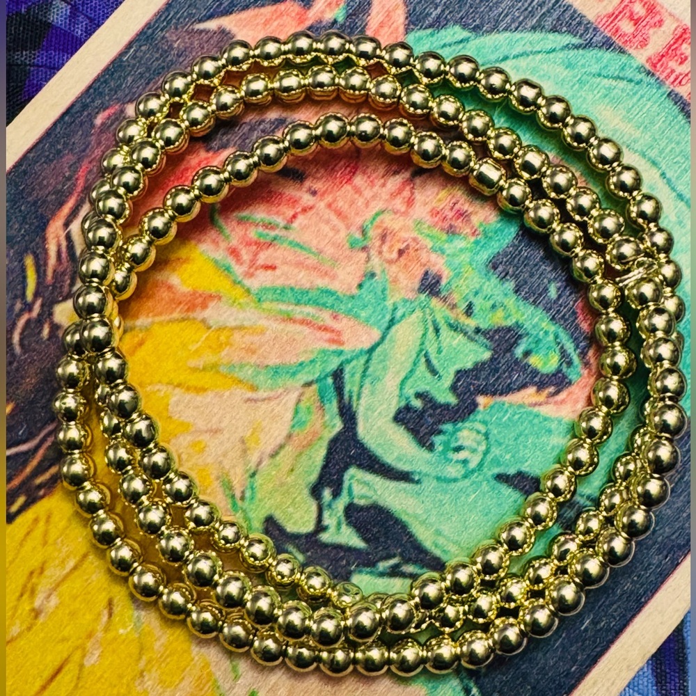 👉 JEWELRY MAKERS DELIGHT- 24” GLASS BEADS w/METAL OVERLAY~RICH BRASS TONE ~2mm